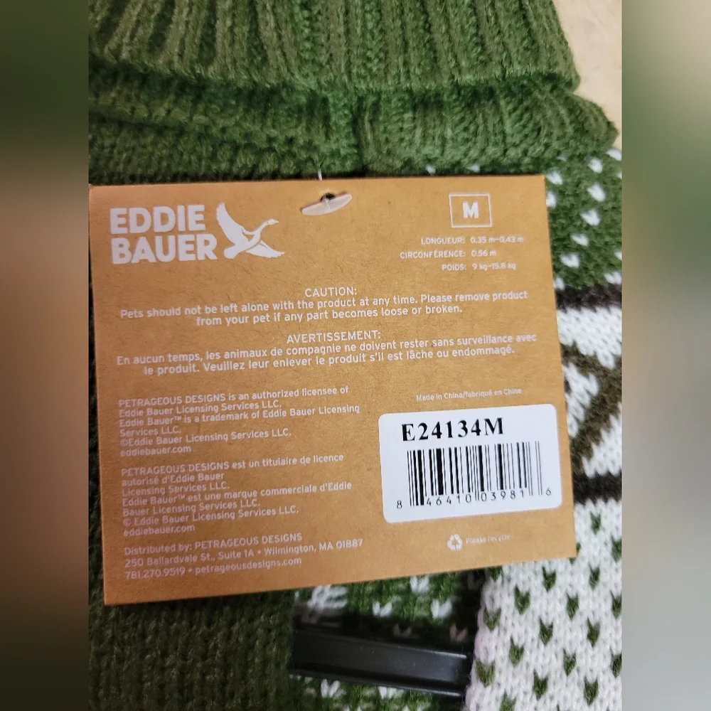 Eddie Bauer pet apparel size medium dog sweater green, white goose